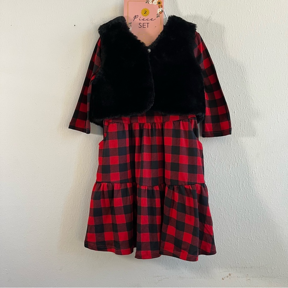 Girls Dress & Faux Fur Vest Sz 3T NWT Buffalo Plaid Red & Black by Emma & Elsa